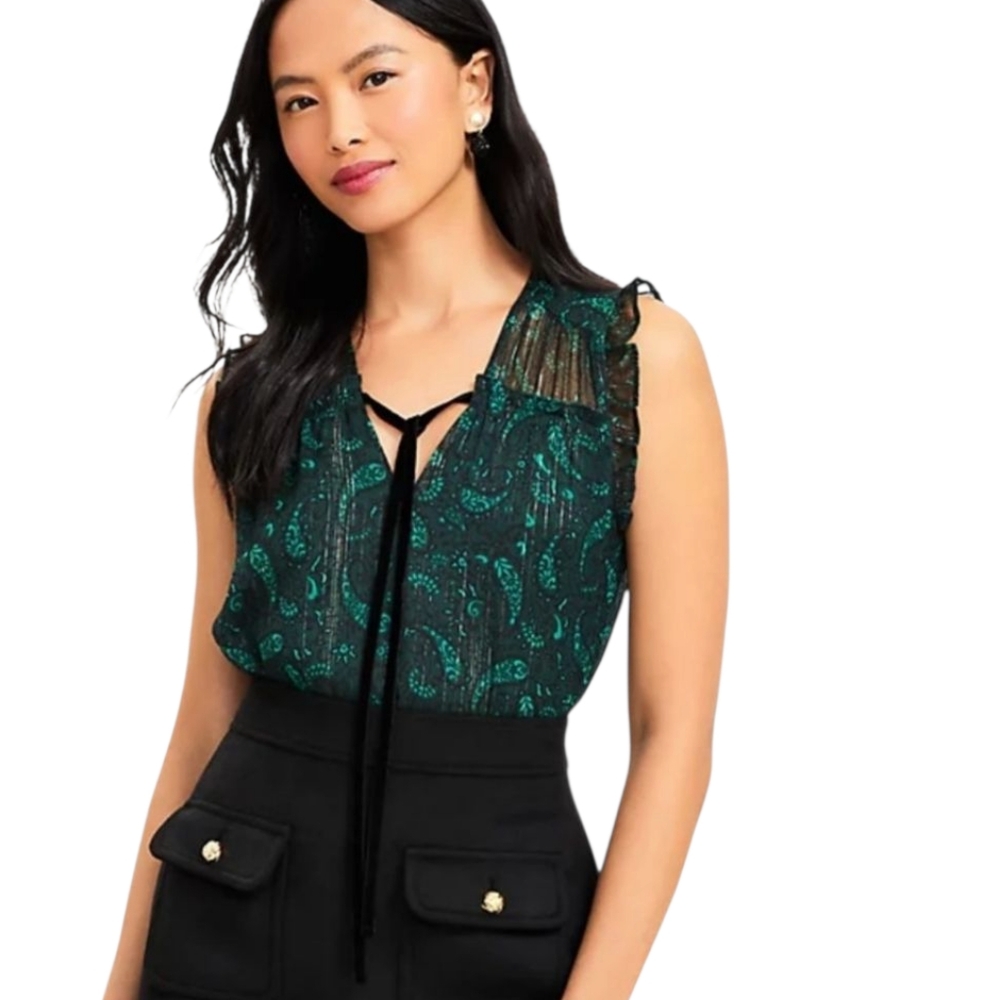 Loft Sheer Green Black Shimmer Velvet Tie Neck Ruffle Sleeveless‎ Blouse Top L - Picture 3 of 15